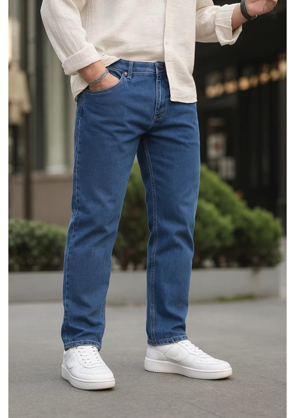 Erkek Bol Paça Basic Esnek Mavi Kot Pantolon