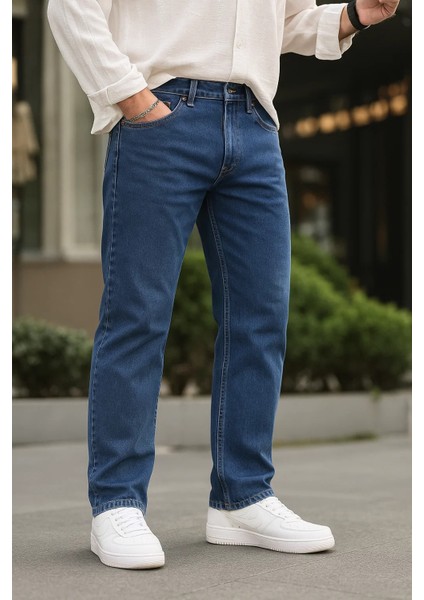Erkek Bol Paça Basic Esnek Mavi Kot Pantolon fırsatları