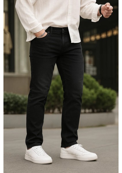 Erkek Bol Paça Basic Esnek Siyah Kot Pantolon