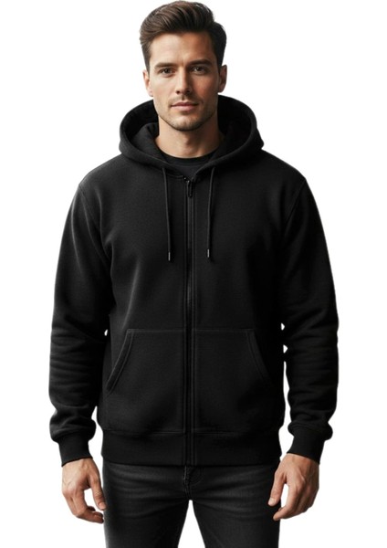 Erkek Kapüşonlu Fermuarlı Siyah Sweatshirt 3 Iplik BGL-ST04791