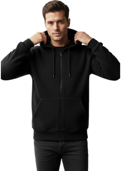 Erkek Kapüşonlu Fermuarlı Siyah Sweatshirt 3 Iplik BGL-ST04791 modelleri