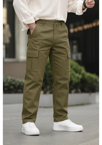 Erkek Bol Paça Kargo Cepli Haki Baggy Pantolon