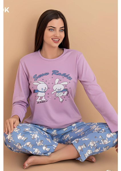 Tavşan Baskılı Pijama Takımı – Uzun Kollu Pembe Üst & Mavi Desenli Alt | Ev Giyim & Uyku Takımı