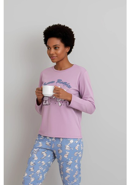 Tavşan Baskılı Pijama Takımı – Uzun Kollu Pembe Üst & Mavi Desenli Alt | Ev Giyim & Uyku Takımı fiyatları
