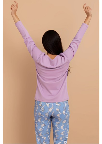 Tavşan Baskılı Pijama Takımı – Uzun Kollu Pembe Üst & Mavi Desenli Alt | Ev Giyim & Uyku Takımı modelleri