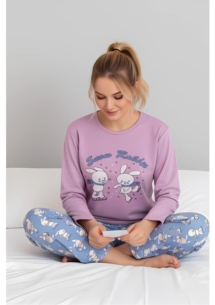 Tavşan Baskılı Pijama Takımı – Uzun Kollu Pembe Üst & Mavi Desenli Alt | Ev Giyim & Uyku Takımı fırsatları
