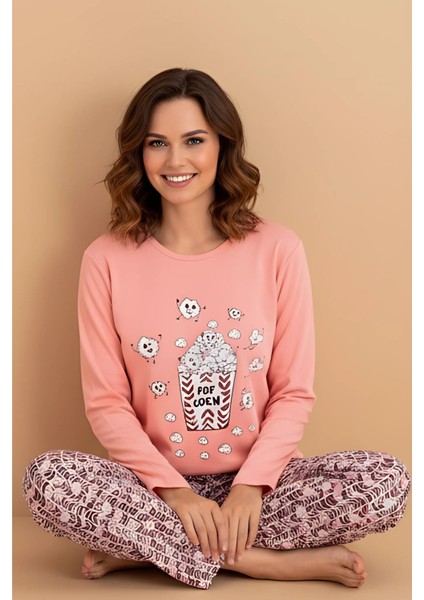 Popcorn Baskılı Pijama Takımı – Uzun Kollu Üst & Desenli Alt | Ev Giyim & Uyku Takımı