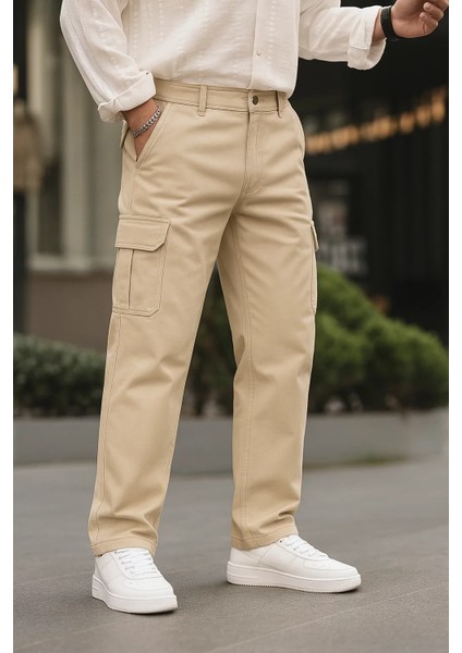 Erkek Bol Paça Kargo Cepli Krem Baggy Pantolon