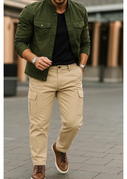 Erkek Bol Paça Kargo Cepli Krem Baggy Pantolon fiyatları