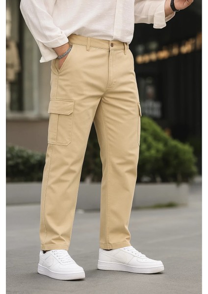 Erkek Bol Paça Kargo Cepli Krem Baggy Pantolon fırsatları