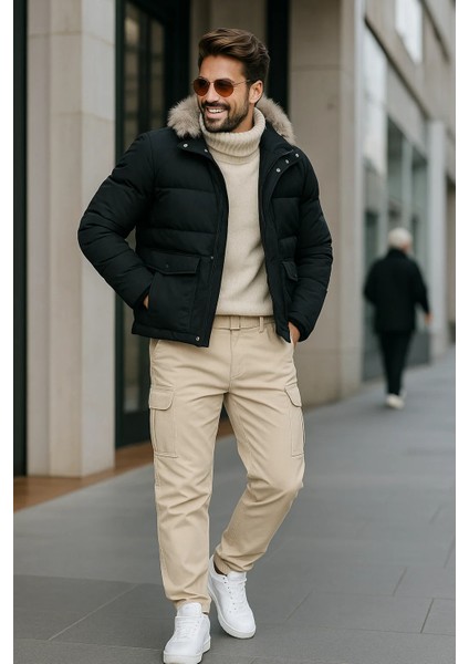 Erkek Bol Paça Kargo Cepli Krem Baggy Pantolon