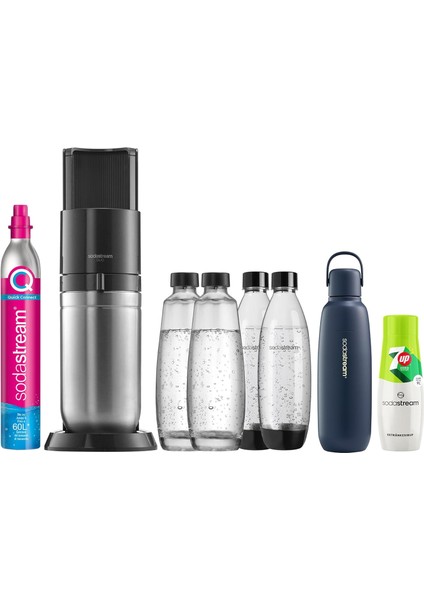Duo Ultimate Set | Quick-Connect Co₂ Soda Makinesi | 2 Cam + 2 Plastik Şişe + 0,9l Fizz&go Termos + 7up Zero Şurup