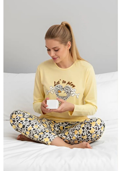 Sarı Kalp Baskılı Pijama Takımı – Uzun Kollu Üst & Desenli Alt | Ev Giyim & Uyku Takımı modelleri