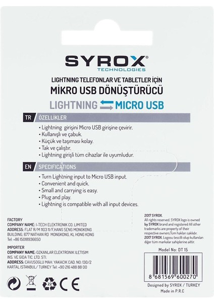 DT15 Lightning - Micro USB Dönüştürücü