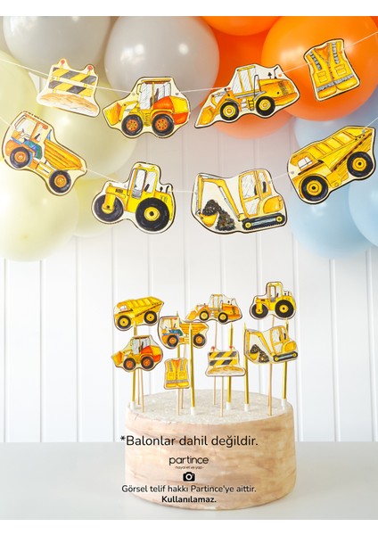 3 Parça Inşaat Tema Pasta Süsü Cake Topper Banner ve 6 Adet Metalik Gold Mum Doğum Günü Süsleme Parti Seti fiyatları