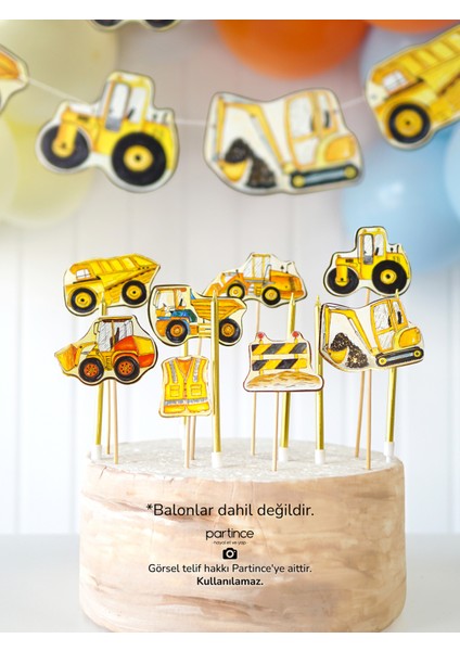 3 Parça Inşaat Tema Pasta Süsü Cake Topper Banner ve 6 Adet Metalik Gold Mum Doğum Günü Süsleme Parti Seti modelleri