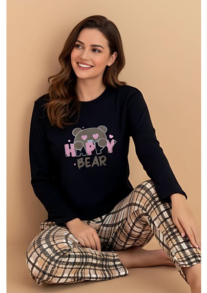 Happy Bear Pijama Takımı – Uzun Kollu Siyah Üst & Ekose Desenli Alt | Ev Giyim & Uyku Takımı