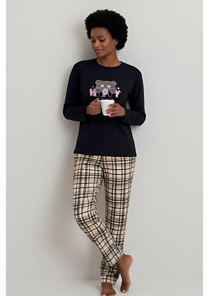Happy Bear Pijama Takımı – Uzun Kollu Siyah Üst & Ekose Desenli Alt | Ev Giyim & Uyku Takımı fiyatları