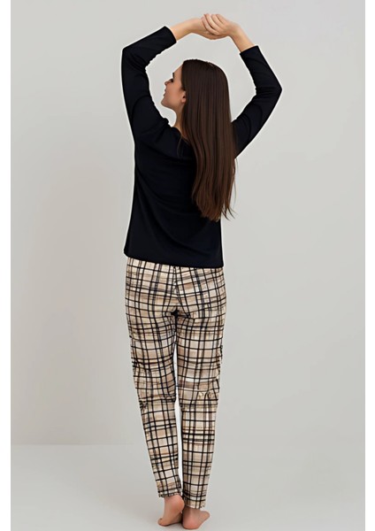 Happy Bear Pijama Takımı – Uzun Kollu Siyah Üst & Ekose Desenli Alt | Ev Giyim & Uyku Takımı modelleri