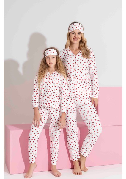 Anne-Kız Kombin Yapılabilir Düğmeli Süet Uzun Kollu Uyku Bantlı Aile Bağı Pijama TAKIMI-3979