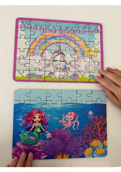 Ahşap Deniz Kızı ve Ünicorn Mini Puzzle | 36 Parça 4 +Yaş 2 Li Set