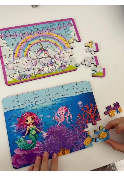 Ahşap Deniz Kızı ve Ünicorn Mini Puzzle | 36 Parça 4 +Yaş 2 Li Set modelleri