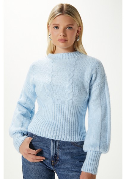 Kadın Stay Yumuşak Doku Saç Örgü Kalın Mavi Triko Kazak KZ00174