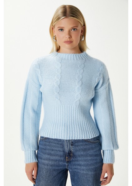 Kadın Stay Yumuşak Doku Saç Örgü Kalın Mavi Triko Kazak KZ00174 modelleri