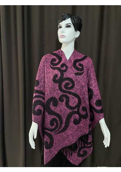 Pembe Kadın Çift Taraflı Kışlık Panço Şal – Kalın Dokuma Omuz Şalı, Salaş ve Şık Tasarım modelleri