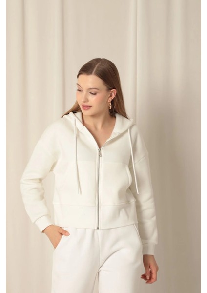 Kadın Fermuarlı Kapüşonlu Kısa Polar Sweat Ceket fiyatları