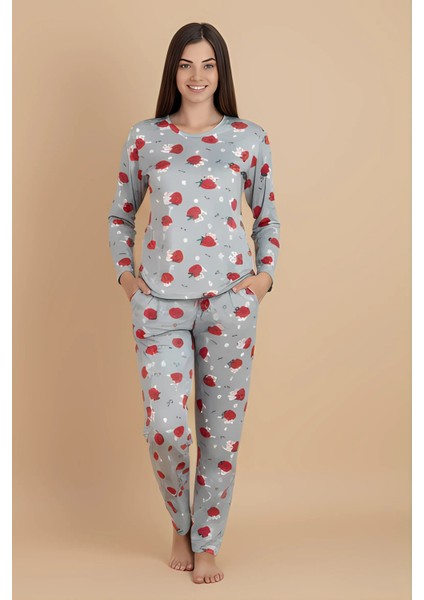 Gri Çiçek Desenli Pijama Takımı – Uzun Kollu Üst & Rahat Alt | Ev Giyim & Uyku Takımı