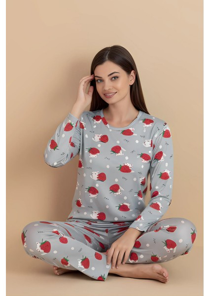 Gri Çiçek Desenli Pijama Takımı – Uzun Kollu Üst & Rahat Alt | Ev Giyim & Uyku Takımı fiyatları