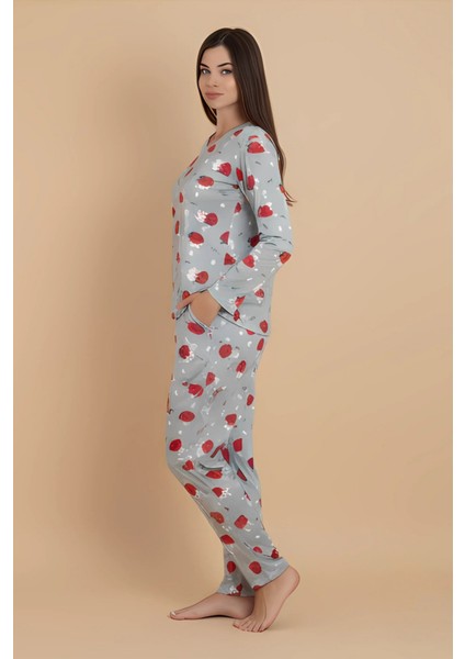 Gri Çiçek Desenli Pijama Takımı – Uzun Kollu Üst & Rahat Alt | Ev Giyim & Uyku Takımı fırsatları