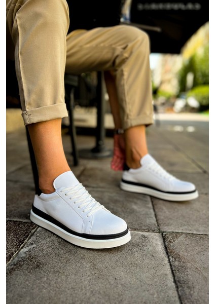 Santoni Kaliteli Şık Erkek Spor Ayakkabı Beyaz-Siyah