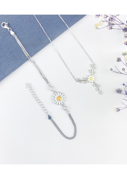 925 Ayar Gümüş Yaprak'lı Papatya Kolye ve Bileklik