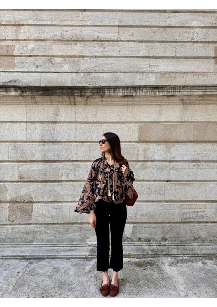 Etnik Desen Pamuk Vual Siyah Bluz