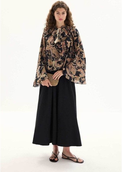 Etnik Desen Pamuk Vual Siyah Bluz indirimleri