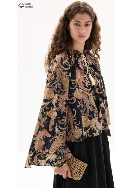 Etnik Desen Pamuk Vual Siyah Bluz