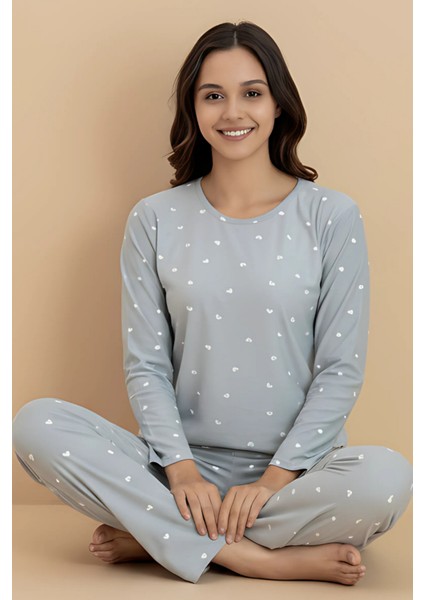 Gri Puantiyeli Pijama Takımı – Uzun Kollu Üst & Rahat Alt | Ev Giyim & Uyku Takımı fiyatları