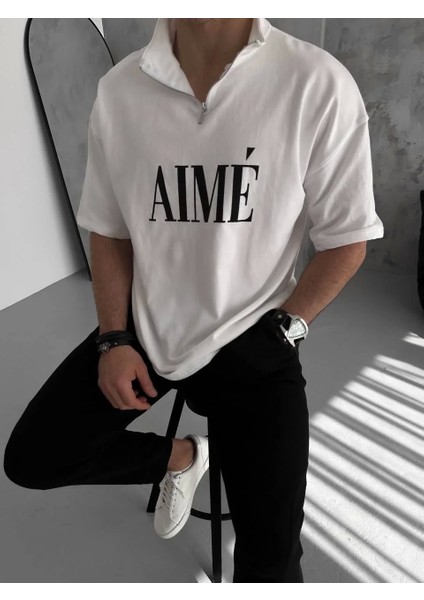 Unisex Yarım Fermuarlı Baskılı T-Shirt - Beyaz