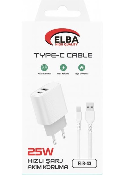 Elb-43 25W 2'li USB Başlık Type-C Kablolu Set Hızlı Şarj Akım Korumalı Şarj Seti