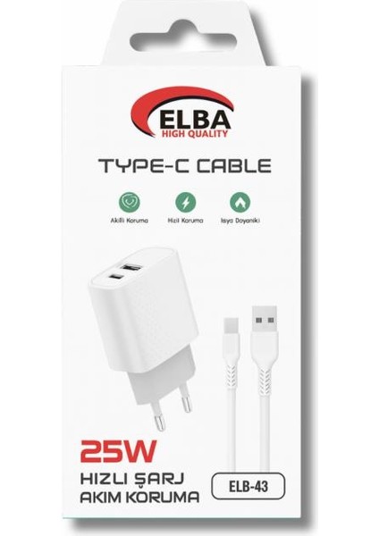 Elb-43 25W 2'li USB Başlık Type-C Kablolu Set Hızlı Şarj Akım Korumalı Şarj Seti modelleri