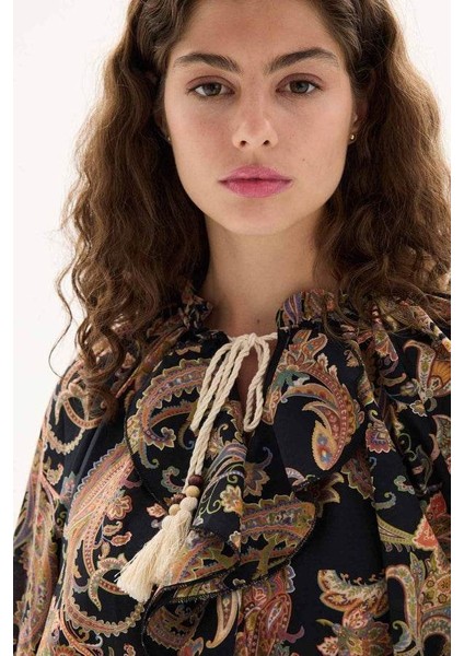 Etnik Desen Pamuk Vual Siyah Bluz