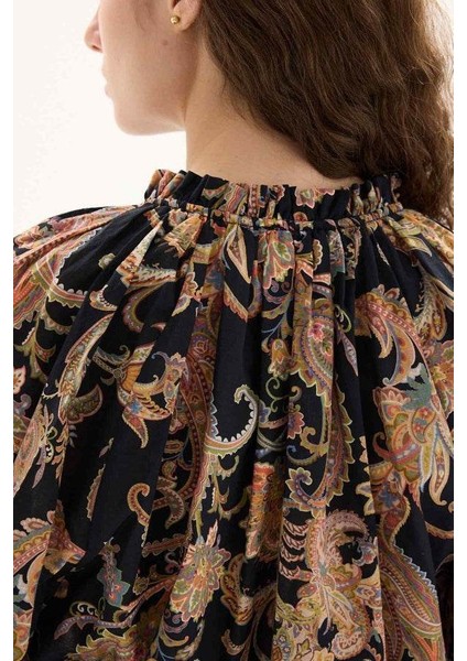 Etnik Desen Pamuk Vual Siyah Bluz