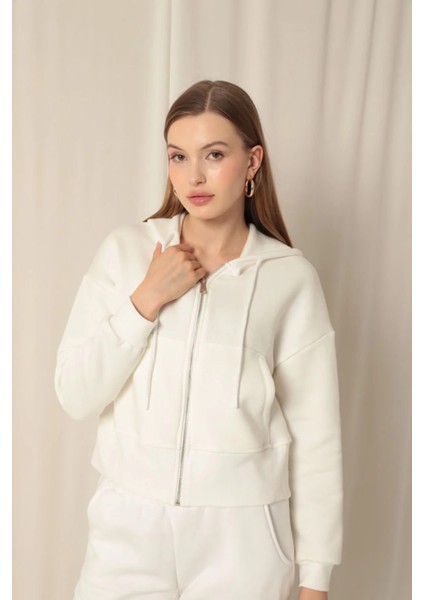 Kadın Fermuarlı Kapüşonlu Kısa Polar Sweat Ceket fırsatları