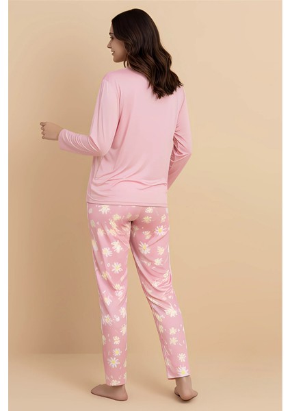 Pembe Çiçek Desenli Pijama Takımı – Uzun Kollu Üst & Bahar Desenli Alt | Ev Giyim & Uyku Takımı fiyatları