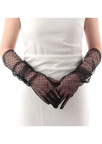 Uzun Boy Siyah Puantiyeli Siyah Renk Yetişkin Tül Eldiven 55 cm fiyatları