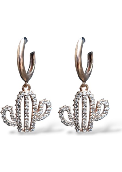 Zirkon Taşlı Kaktüs Form Rose Renk Gümüş Küpe