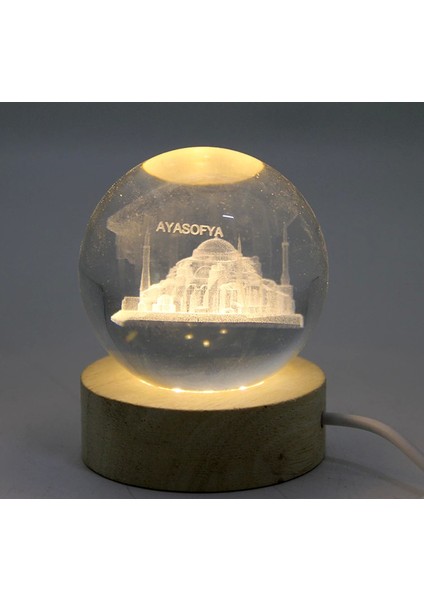 3D Kristal Cam Küre Ahşap Soketli Istanbul Temalı LED Lamba ALK2573