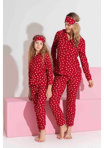 Anne-Kız Kombin Yapılabilir Düğmeli Süet Uzun Kollu Uyku Bantlı Aile Bağı Pijama TAKIMI-3979